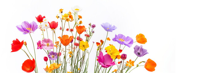 Fototapeta premium Colorful wild spring flowers isolated on white panoramic background, spring web banner