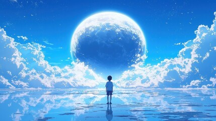 Obraz premium The enchanting scene of a young boy before a magnificent, cloud-like moon.