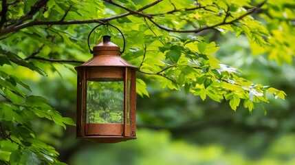 Lantern hanging from a tree branch surrounded by vibrant green leaves in a tranquil outdoor setting
