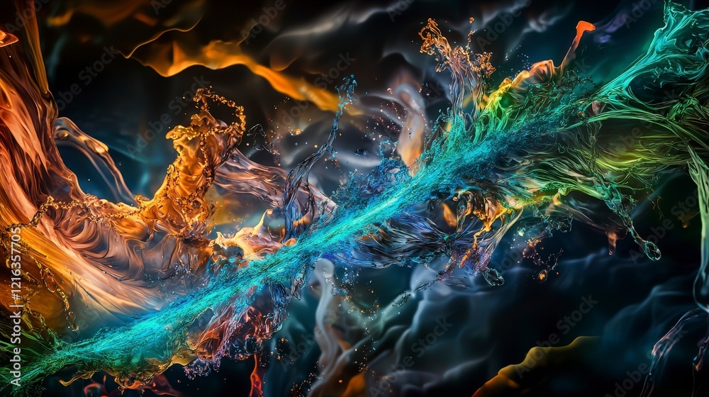 Poster dynamic bluegreen energy flowing through abstract imagination digital canvas vibrant colors futurist