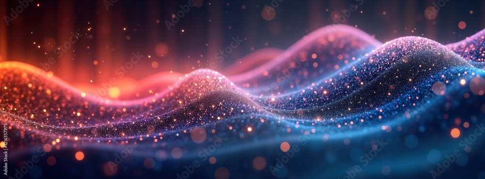Aufkleber Abstract digital wave pattern with glowing particles. Colorful lines, dots create dynamic motion. Bokeh effect adds depth, light. Modern design elements. Possible uses for tech backgrounds,