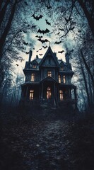 Creepy Abandoned Haunted House with Flying Bats at Dusk in a Dark Forest, Spooky Atmosphere for Halloween, Frightening Scene, Eerie and Mysterious Vibes, Perfect for Horror Themes and, Generative AI