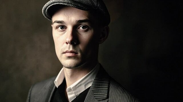 Serious young man in a newsboy cap and jacket.  A timeless portrait ideal for projects related to fashion, history, or drama.