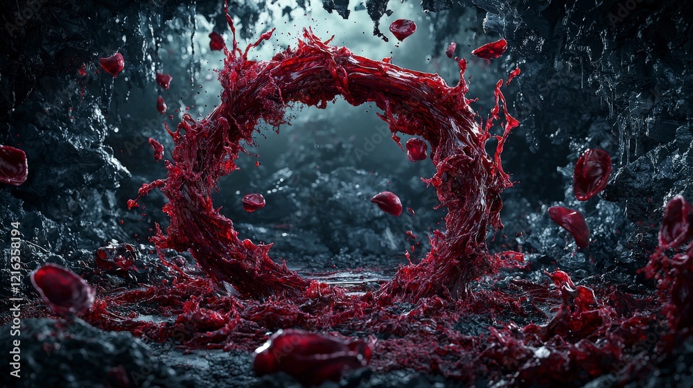 Poster bloodred circular flow of liquid emotion dark cave setting visual art dramatic atmosphere close-up a