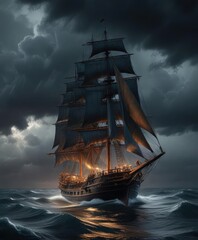 Obraz premium A majestic sailing vessel sailing through the darkness of a stormy night under a dark and ominous sky, navigation challenge, cloud filled sky, sailing adventure
