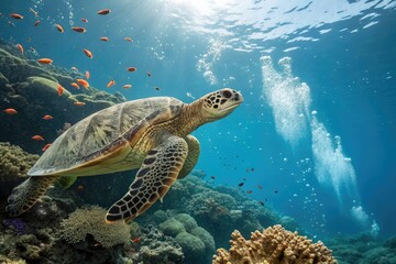 Fototapeta premium A majestic sea turtle gliding through the water bubbles near a coral reef amidst an underwater landscape, sea turtle, ocean creatures, bubble effect, ocean floor