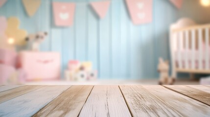Wooden surface with blurred pastel baby room background, nursery decor, pink and blue, wooden floor, baby room, baby shower