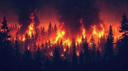 The ominous skies darken as the wildfire spreads through the trees.