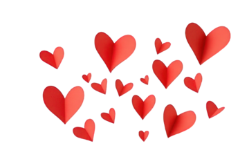 Adorable Red Paper Cut Out Hearts for Wedding and Holiday Cards. Isolated, on Transparent Background