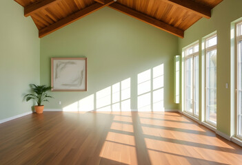 Fototapeta premium Bright airy room, exposed wooden beams, white brick walls, large windows, sunlight streaming in, hardwood floors, minimalist decor, potted plant, framed artwork, yoga studio aesthetic, zen space, natu