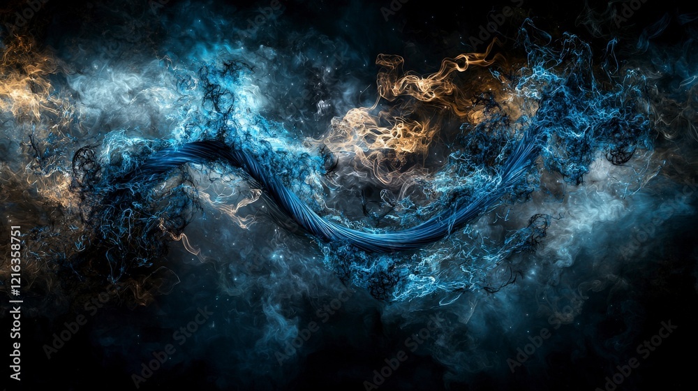 Poster dark blue curves flowing through ethereal space abstract art design dreamlike environment visual jou
