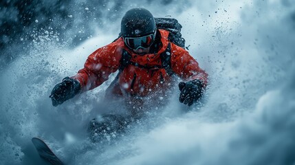 A skier carves through deep powder snow in a breathtaking winter landscape.