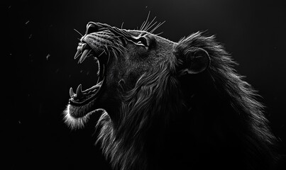 Lion's Powerful Roar: A lion roars, its powerful voice echoing through the night., Generative AI