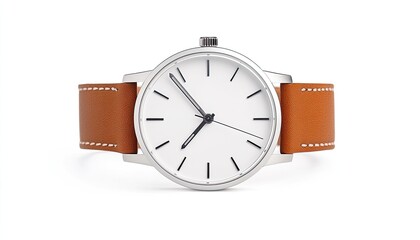 Elegant minimalist wristwatch with a white face and brown leather strap, set against a clean background