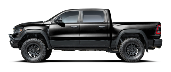 Modern powerful American black pickup truck, side view in png format.