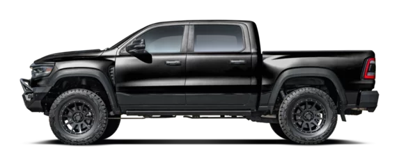 Modern powerful American black pickup truck, side view in png format.