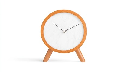Minimalist round clock with wooden frame and marble face, set against a clean white background