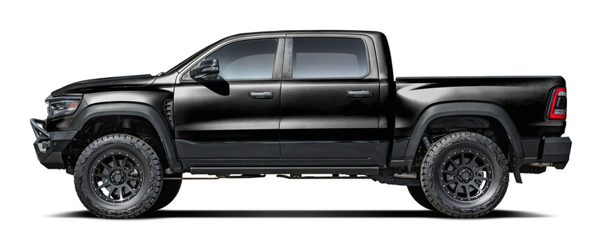 Modern powerful American black pickup truck, side view in png format.