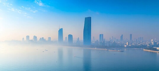 Fototapeta premium Modern Cityscape With Skyscrapers And Urban Skyline On Sunny Day, Waterfront City, Aerial View