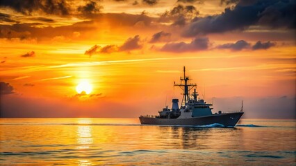 A naval vessel navigating through a calm sea at sunset with a warm orange glow on the horizon, ocean view, sea, navy vessels, nautical, ship