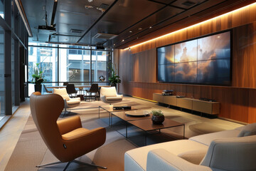 Modern Office Lobby with Large Screen