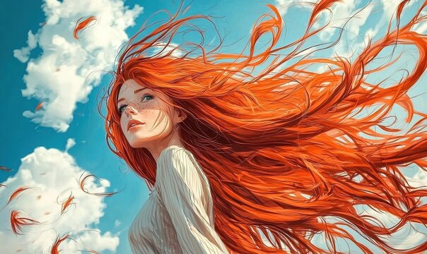 A serene scene featuring a woman with vibrant red hair amidst nature.