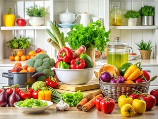 Colorful Kitchen Still Life - Fresh Produce & Dishes