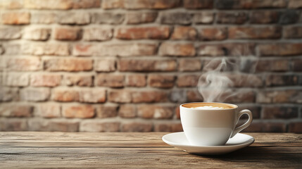 A single, wooden table with one clean, white coffee cup, steam rising, against a brick wall.