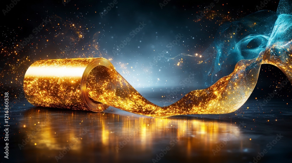 Poster glowing gold plane unrolls across space abstract digital art cosmic environment dynamic viewpoint fu