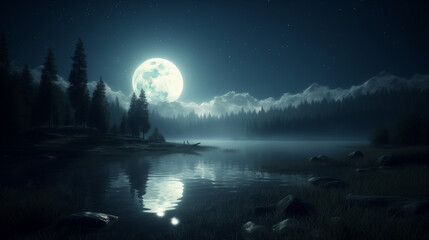 Naklejka premium Mysterious moonlit forest landscape with fog over calm lake waters