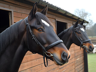 Groomed Horses Standing Side by Side in a Stable Amid a Serene Setting Showcasing Equine Beauty