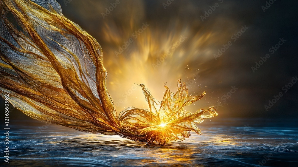 Leinwandbilder A golden plane unwrapping across the canvas ocean view abstract art ethereal environment dynamic concept