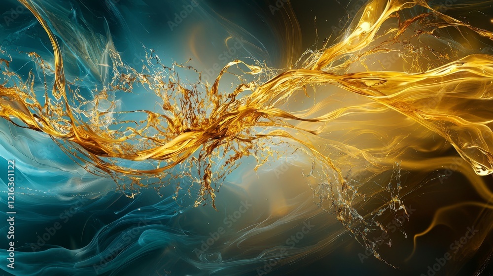 Poster Golden flow of liquid light abstract art digital design vibrant colors dynamic movement fluidity concept