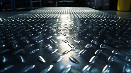 Obraz premium Diamond plate metal floor, industrial background with non-slip texture and high-contrast lighting.