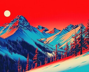 A striking representation of a winter mountain range with rich red tones.