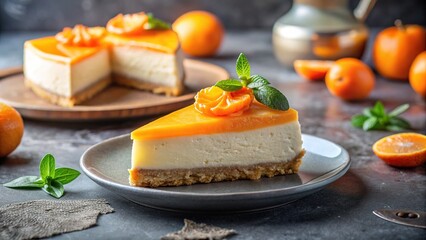 Delicious Cheesecake with Tangerine, Grey Plate, High-Quality Image