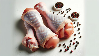 Food Two raw chicken drumsticks placed side by side on a white surface, showing their skin texture and pi3