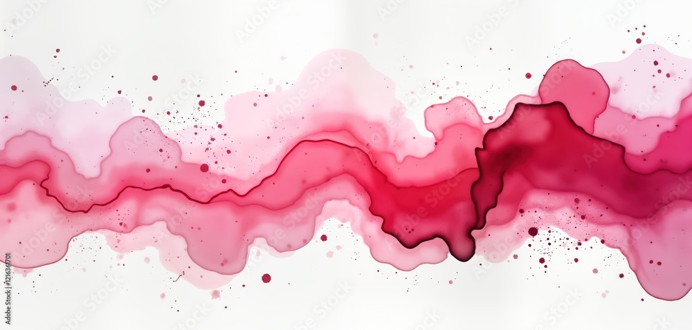 Poster Abstract watercolor painting. Pink, red hues create flowing patterns on white background. Intricate textures, splashes of color suggest dynamic nature cloudscape. Suitable for design elements like