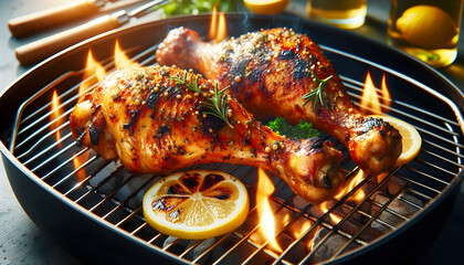 Fototapeta premium Food Two grilled chicken legs with crispy, golden-brown skin on a barbecue grill The flames are rising ar1