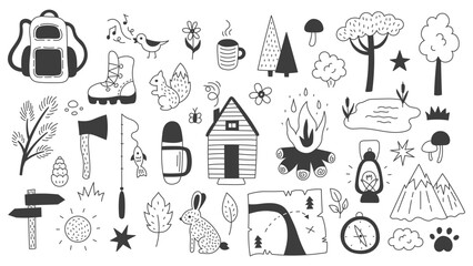 Camping and Hiking Doodle Set. Hand drawn outline vector illustrations collection of wildlife animals woodland symbols forest mountains cabin fishing and campfire elements.
