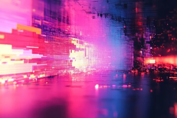 Corrupted data visualization with vibrant colors, flickering on a distorted digital screen with glitch effects