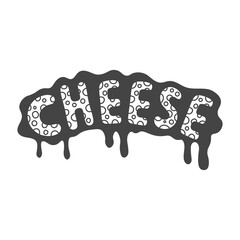 Cheese Font Lettering with Hole Texture. Dairy product inscription text on melting flowing spot stain blot. Hand drawn vector illustration in doodle style