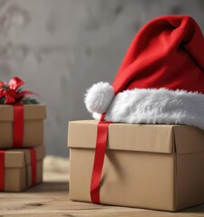 A red Santa hat sitting on a stack of boxes or packages, with a label reading "Christmas" or "Winter Gifts", evergreen, holly, branch