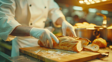 Chef Slicing Fresh Baked Baguette