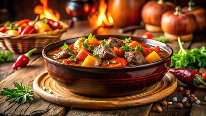 Delicious Stew in Bowl, Restaurant Scene, Vibrant Colors