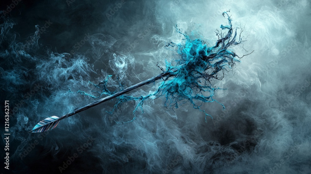 Poster A surreal environment quivering arrow of void piercing mist in an ethereal digital abstract landscape