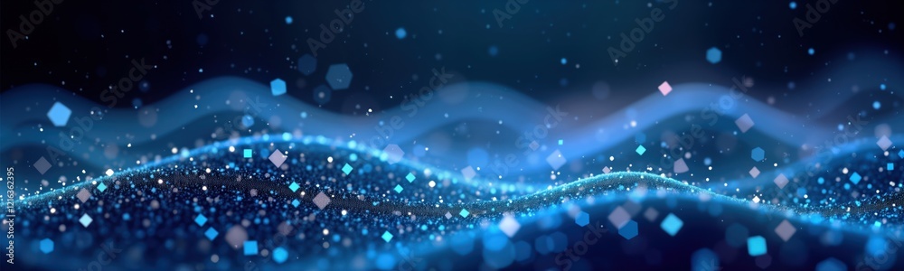Poster Abstract blue tech background shows data flow. Dynamic network of glowing dots, squares. Suggests future tech ideas, global connectivity. Modern design. Suitable for presentation backgrounds, web