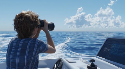 Obraz premium Young boy using binoculars on a boat while observing the ocean waves and clouds during a bright sunny day