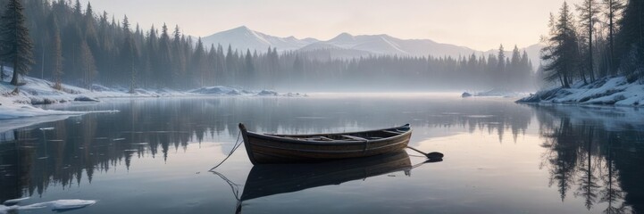Obraz premium A solitary boat on a frozen lake with a peaceful and serene atmosphere, winter scene , natural beauty