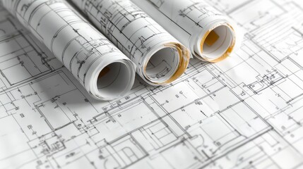 Architectural blueprints rolled up on a drafting table for design planning.
